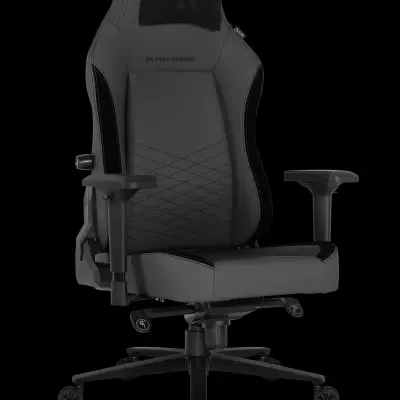 Cadeira de gaming preta com apoio para cabeça e rodas.