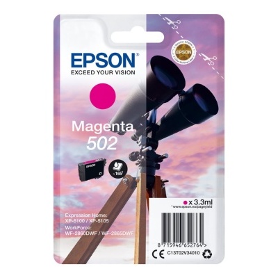 Cartucho de tinta Epson Magenta 502 em embalagem com imagem de telescópio e céu ao pôr do sol