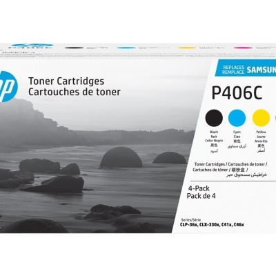 Caixa branca de cartuchos de toner HP P406C com imagem de rochas cinzentas e texto informativo
