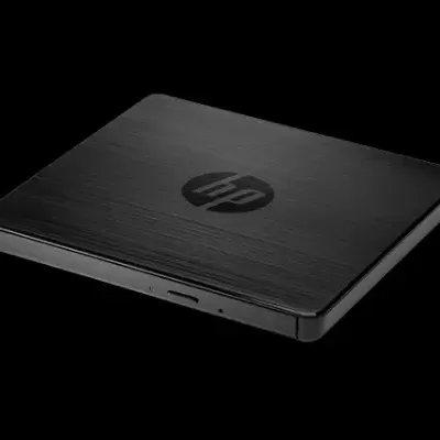 Leitor de DVD externo HP preto com textura de madeira