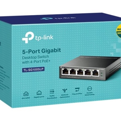 Caixa do switch TP-Link 5-Port Gigabit Desktop Switch com 4 portas PoE+