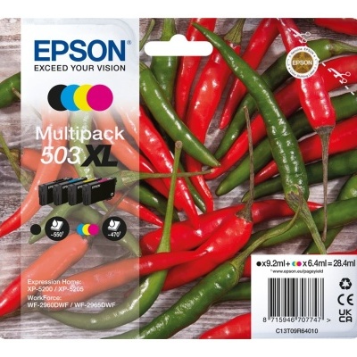 Embalagem de tinteiros Epson 503XL com fundo de pimentas vermelhas e verdes