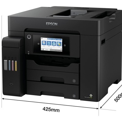 Impressora Epson preta com ecrã tátil e tinteiros coloridos visíveis
