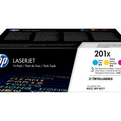 Pack de três tinteiros HP LaserJet 201X nas cores Ciano, Amarelo e Magenta