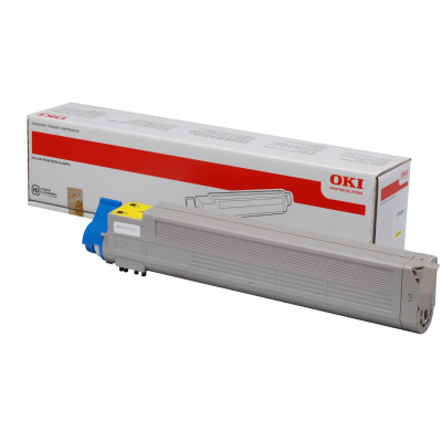 Toner OKI amarelo com embalagem ao fundo, sobre superfície branca