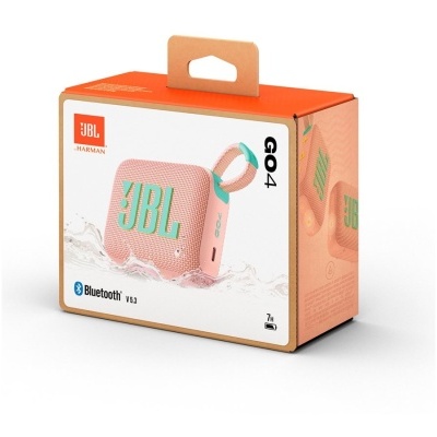 Embalagem da coluna portátil JBL GO 4 rosa com detalhes em azul e logótipos