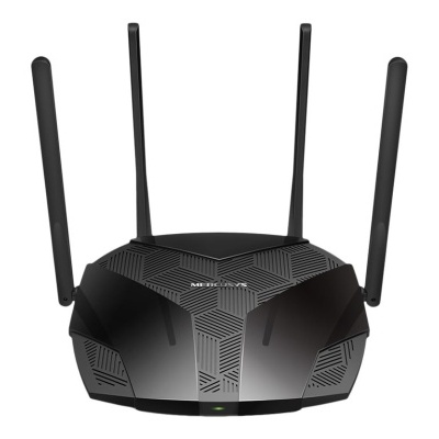 Roteador Wi-Fi preto com antenas e padrão geométrico