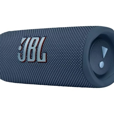 Coluna portátil JBL azul escuro em tecido com logótipo e botão de alerta
