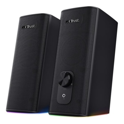 Par de colunas de som Trust pretas em fundo branco