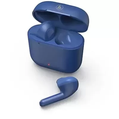 Auriculares sem fios azuis com estojo de carregamento aberto