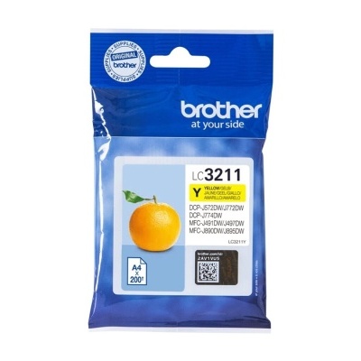 Cartucho tinta Brother LC3211 amarelo em embalagem azul com imagem de laranja