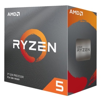 Embalagem do processador AMD Ryzen 5 com design cinza, laranja e vermelho