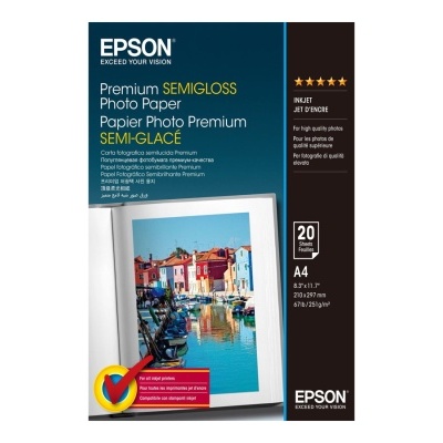 Pacote de papel fotográfico Epson Premium Semigloss A4 com imagem de casas coloridas junto a canal