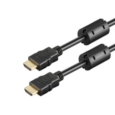 Cabo HDMI preto com conectores dourados e ferrite em ambos os lados