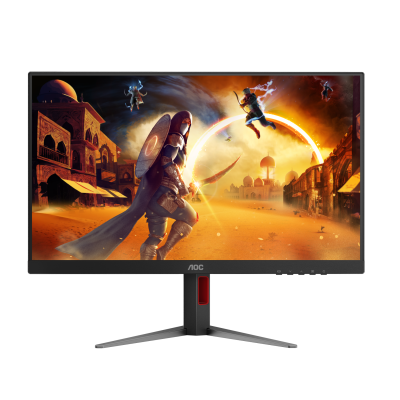 Monitor AOC com ecrã widescreen preto a mostrar videojogo desértico
