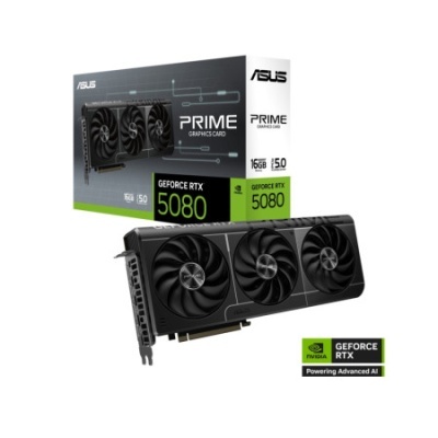Placa gráfica ASUS PRIME GEFORCE RTX 5080 com 3 ventoinhas e caixa branca