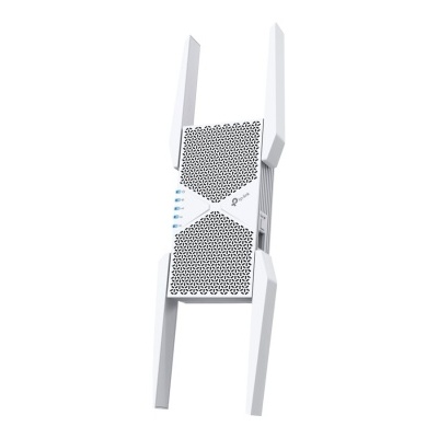 Repetidor WiFi branco com quatro antenas e LEDs azuis