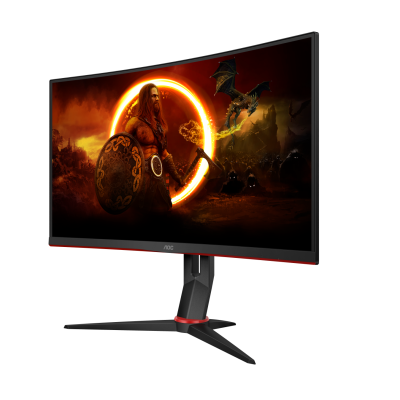 Monitor curvo preto com base preta e detalhes vermelhos mostrando imagem de guerreiro e dragão