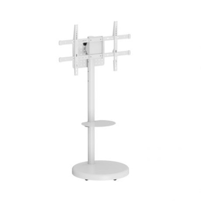 Suporte de televisão branco com base redonda e plataforma para equipamentos