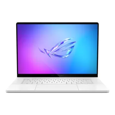 Computador portátil branco ASUS ROG com ecrã azul roxo e teclado branco