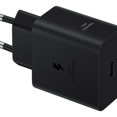 Carregador de parede preto com USB tipo C e texto 