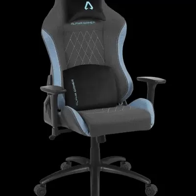 Cadeira gaming Alpha Gamer preta e cinza com detalhes azuis e almofadas