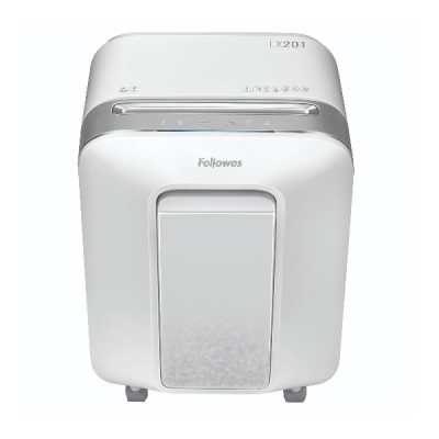 Máquina de triturar papel branca Fellowes LX201 com detalhes cinza