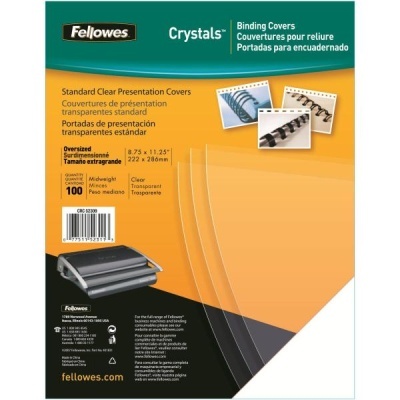 Embalagem de capas de encadernação transparentes Fellowes Crystals com 100 unidades tamanho extragrande.