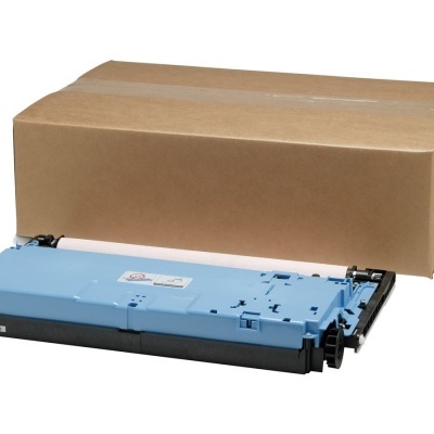 Cartucho de toner azul para impressora à frente de caixa castanha