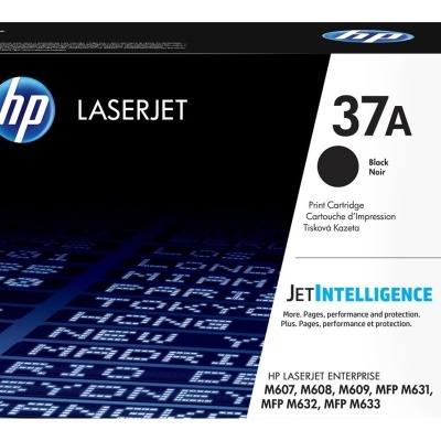 Embalagem de toner HP LaserJet 37A preta CF237A com texto e lista de modelos compatíveis.