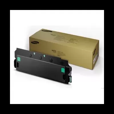 Cartucho preto para impressora junto a caixa castanha com texto Samsung