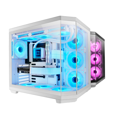 Computador de secretária branco com painéis de vidro e iluminação LED azul e rosa.