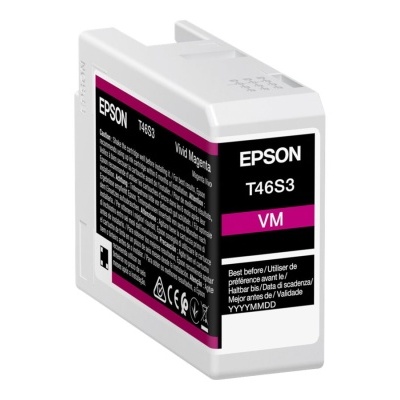 Cartucho de tinta Epson T46S3 Violet Magenta com etiqueta preta, rosa e branca
