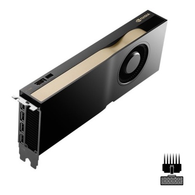 Placa gráfica Nvidia RTX preta com detalhes dourados e ventilador circular