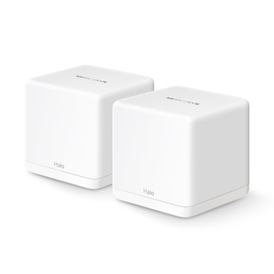 dois dispositivos eletrónicos brancos em forma de cubo com texto Halo e Amazon eero 6 Dual-Band