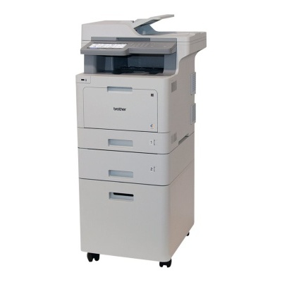 Impressora multifunções Brother cinza com scanner e gavetas de papel