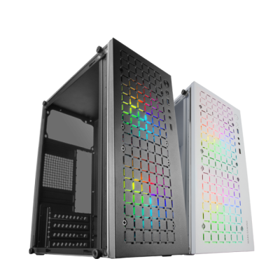 Dois gabinetes de computador preto e branco com painéis perfurados e ventoinhas RGB iluminadas.