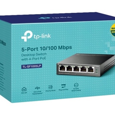 Embala do switch de rede TP-Link 5-Port 10/100 Mbps, modelo TL-SF1005LP, azul e cinza