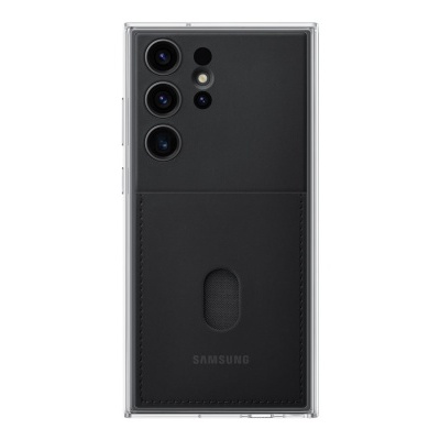 Smartphone Samsung preto com capa de couro e porta-cartões
