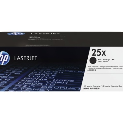Embalagem de toner HP LaserJet 25X preta e branca com logo HP
