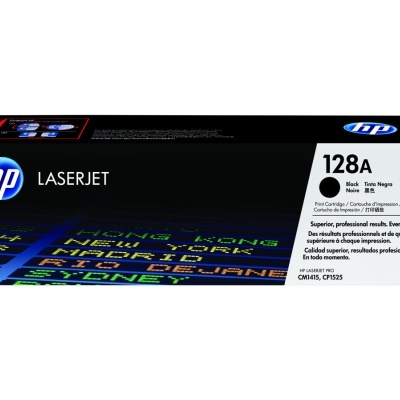 Cartucho de toner HP 128A preto em caixa com etiqueta branca