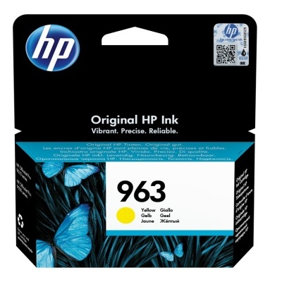 Cartucho de tinta HP 963 amarelo em embalagem preta e azul com borboletas