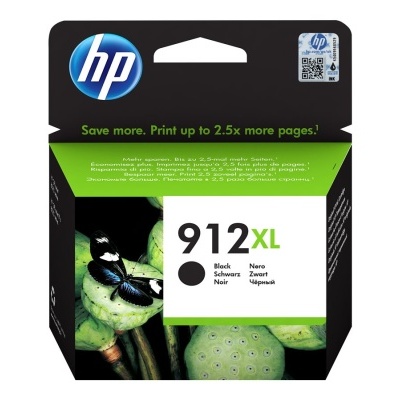 Embalagem de tinta HP 912XL preta com imagem de pássaro e plantas verdes