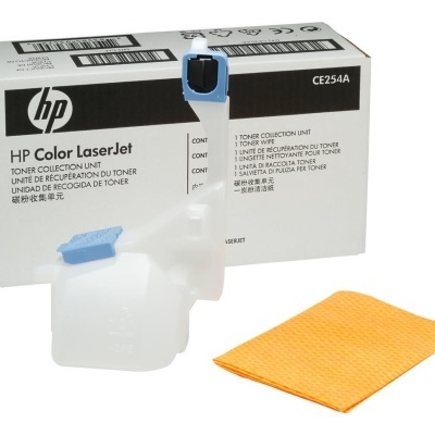 Recipiente de recolha de toner HP Color LaserJet com pano amarelo e caixa