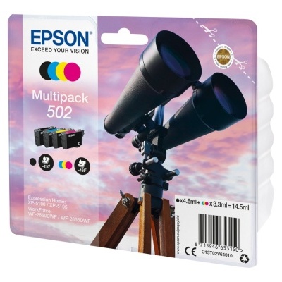 Embalação de tinteiros Epson Multipack 502 com imagem de binóculos e céu colorido