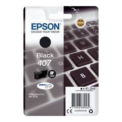Tinta preta Epson 407 em embalagem com fundo de teclado de computador