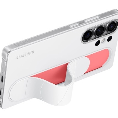 Smartphone Samsung branco com suporte cor-de-rosa e branco