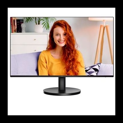 Monitor preto com imagem de mulher ruiva a sorrir em ambiente interior