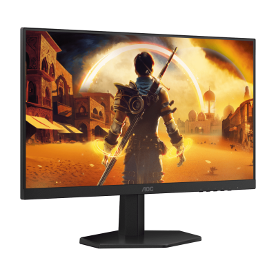 Monitor AOC com imagem de personagem num cenário desértico urbano ao pôr do sol