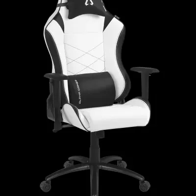 Cadeira de jogo ergonómica preta e branca com apoio de cabeça e rodas